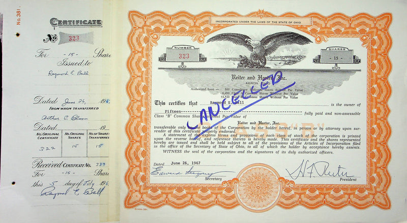Reiter Dairy Company Stock Certificate Bond Scripophilly Akron Ohio 1967 No 323