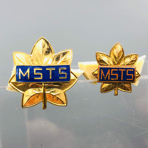 Pair Military Sea Transport Service Pins Pinback M. S. T. S. Gemsco NY Oak Leaf 1