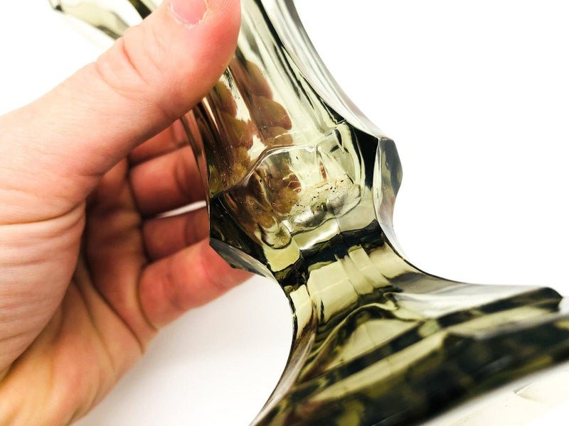 Vintage Gray Glass Vase 7" Pressed Smokey Black Tint Footed Flared Top 9