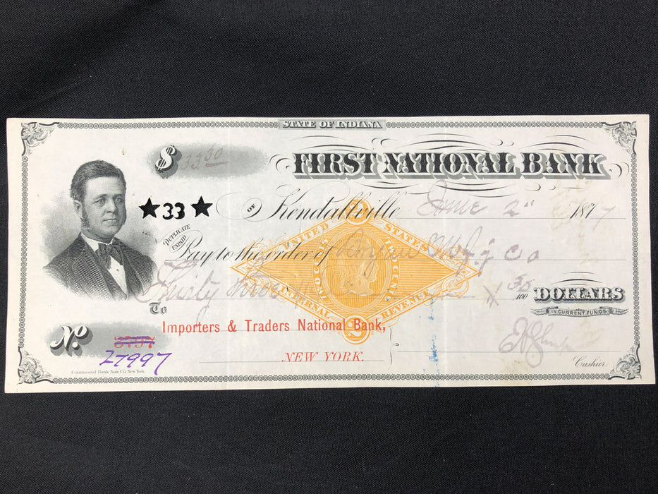 Antique Bank Check Original 1877 First National Bank Indiana 27997 Hole Punched