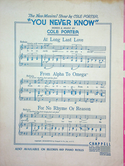 At Long Last Love Sheet Music Porter Katscher 1938 You Never Knew Movie Song 2