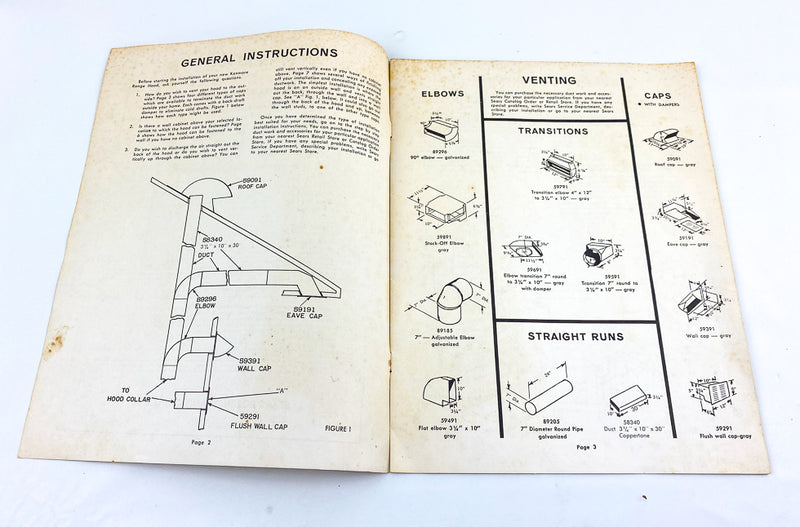 Vintage Sears Roebucks Instructions Parts Manual Kenmore Range Hood 850.5136700