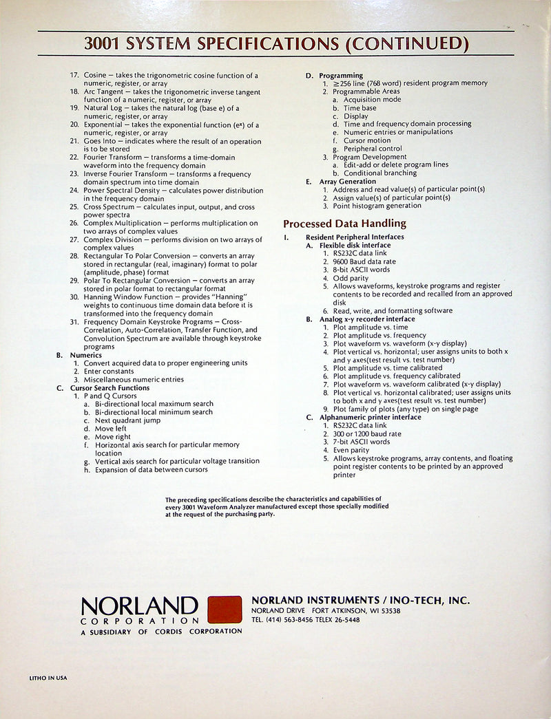 Norland 3001 Processing Digital Oscilliscope Brochure w/ Price List