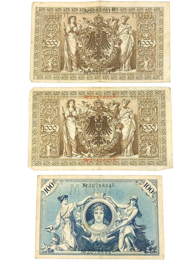 1000 & 100 Mark Reichsbanknote April 1910 Germany WWI Red Green Seals Lot of 3 4