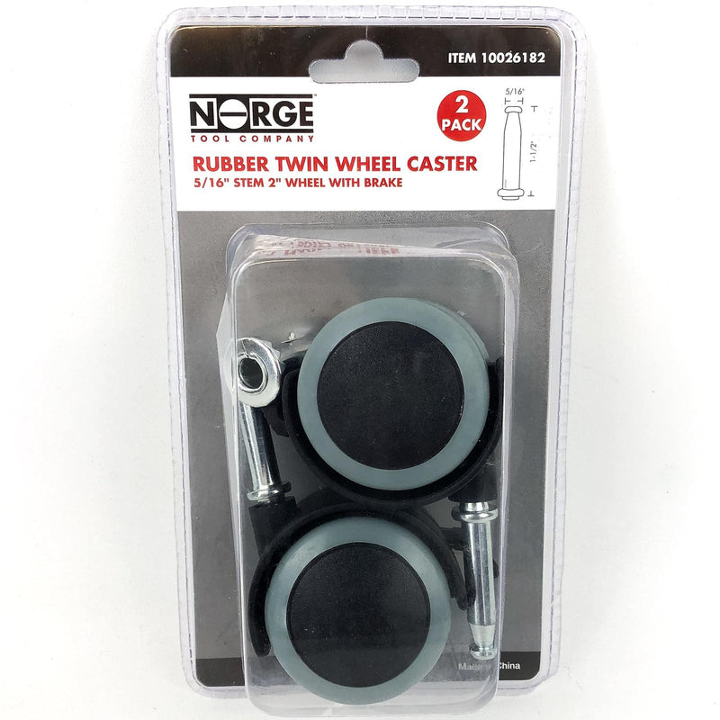 Rubber Twin Wheel Casters 5/16" Stem 2" w/ Brake Norge Wheel #10026182 (2pk)