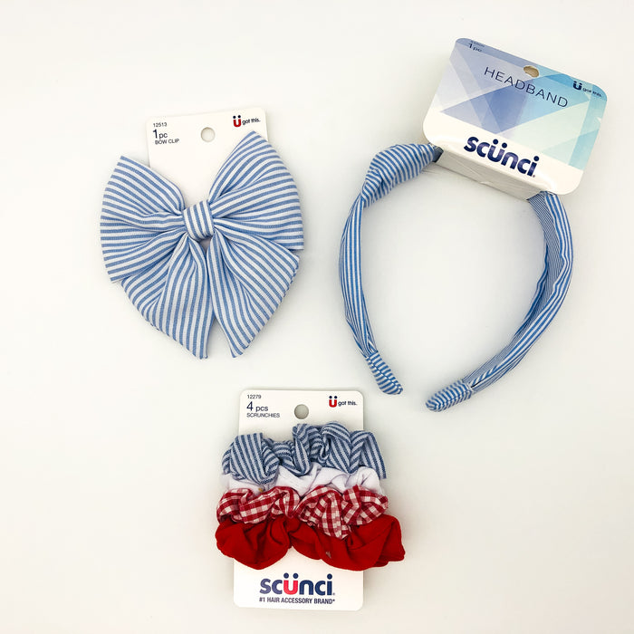 5-Piece Scunci Headband Scrunchies Bow Clip Lot Blue White Stripes Light Summer