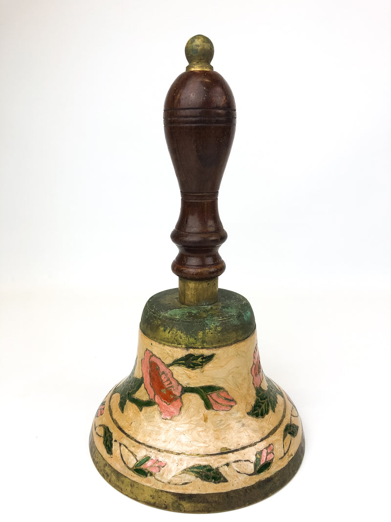 Vintage Bronze Bell Enamel Floral Design & Wooden Handle LARGE 5-3/4" x 10"