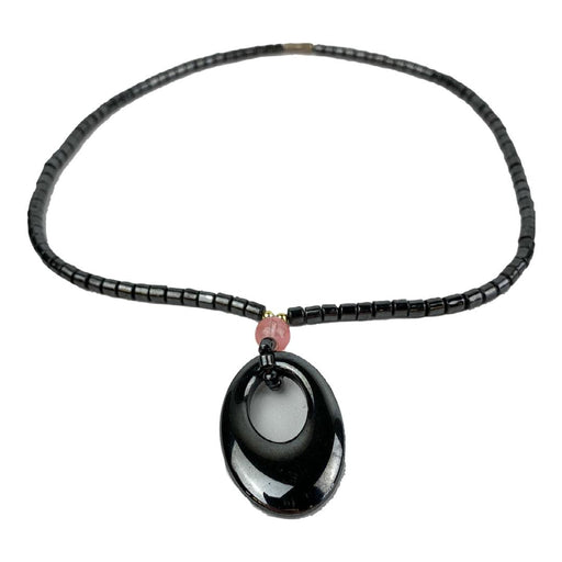 Beaded Pendant Necklace Hematite Barrell Bead with Pink Accent Oval 10.5" Ground 1