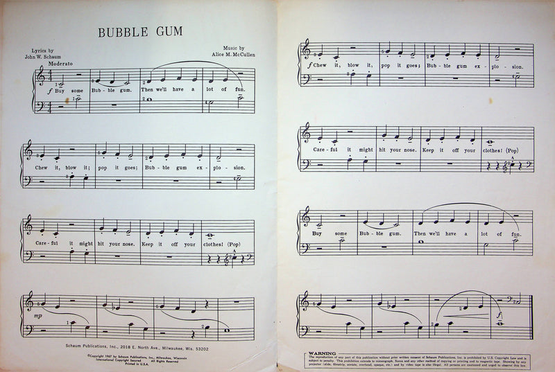 Bubble Gum Sheet Music Alice M McCullen Piano Solo 1967 Schaum Publications 3