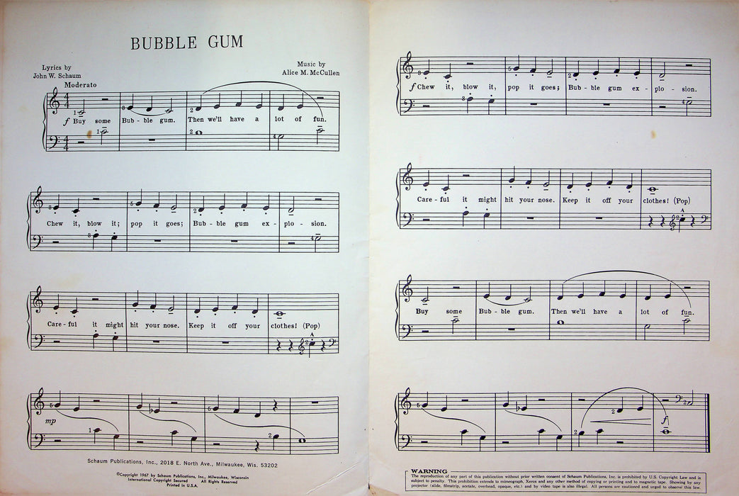 Bubble Gum Sheet Music Alice M McCullen Piano Solo 1967 Schaum Publications 3