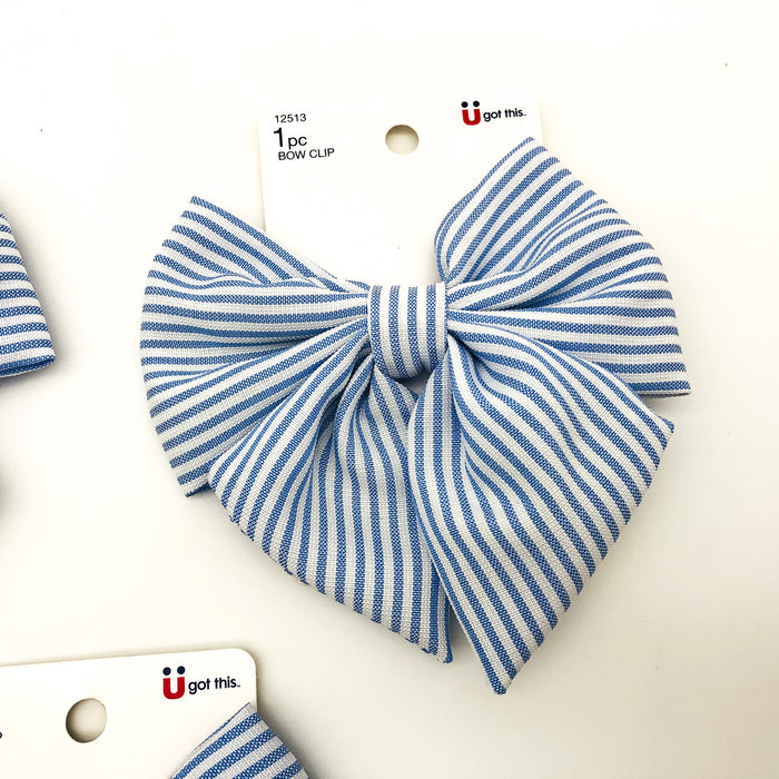 3-Piece Scunci Bow Hair Clip Blue Striped Lightweight Large Summer Wear 12513