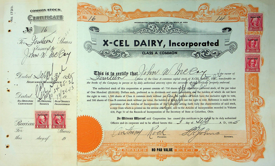 X-Cel Dairy Company Stock Certificate Bond Scripophilly Akron Ohio 1935 No 16