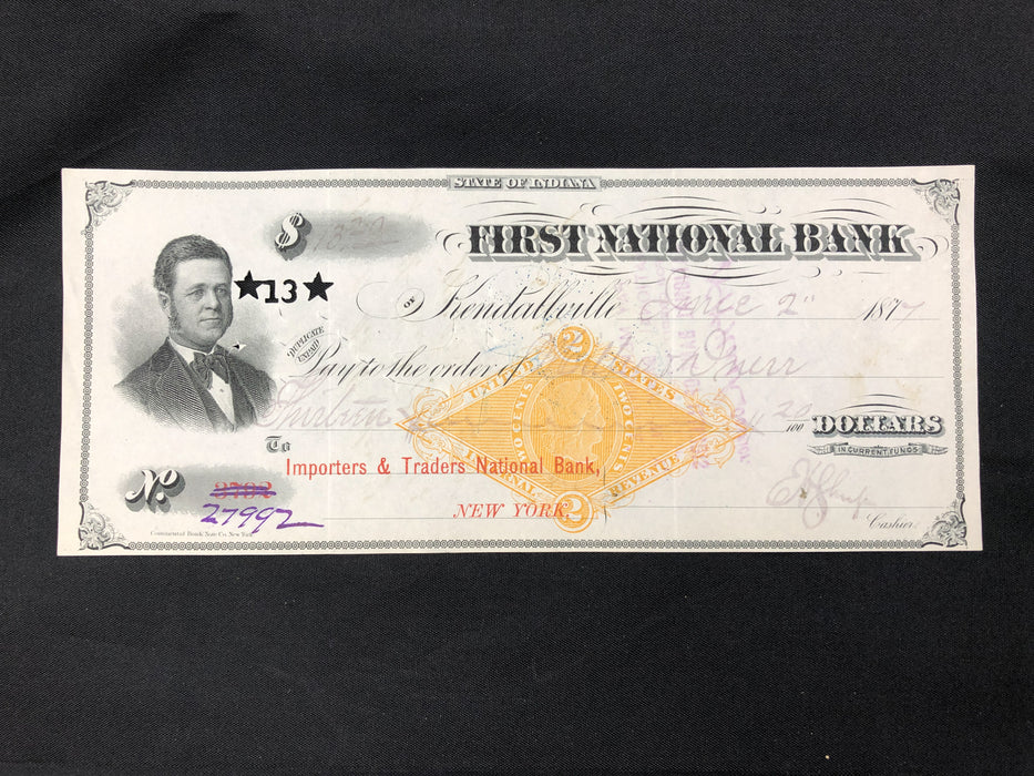 Antique Bank Check Original 1877 First National Bank Indiana 27992 Hole Punched