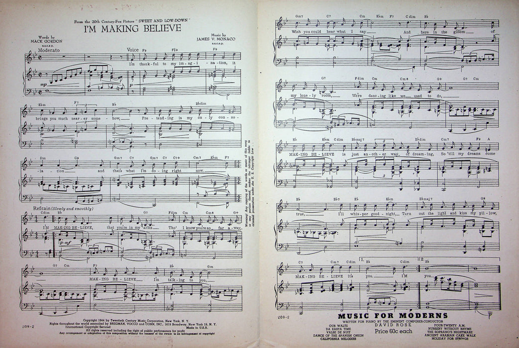 I'm Making Believe Sheet Music Mack Gordon Monaco 1944 Sweet and Low-Down Movie 2