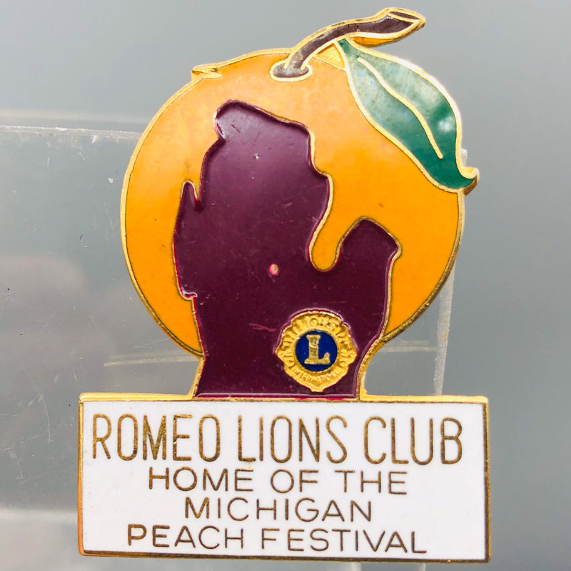 Vintage Romeo Lions Club Lapel Pin Pinback Michigan Peach Festival State Outline