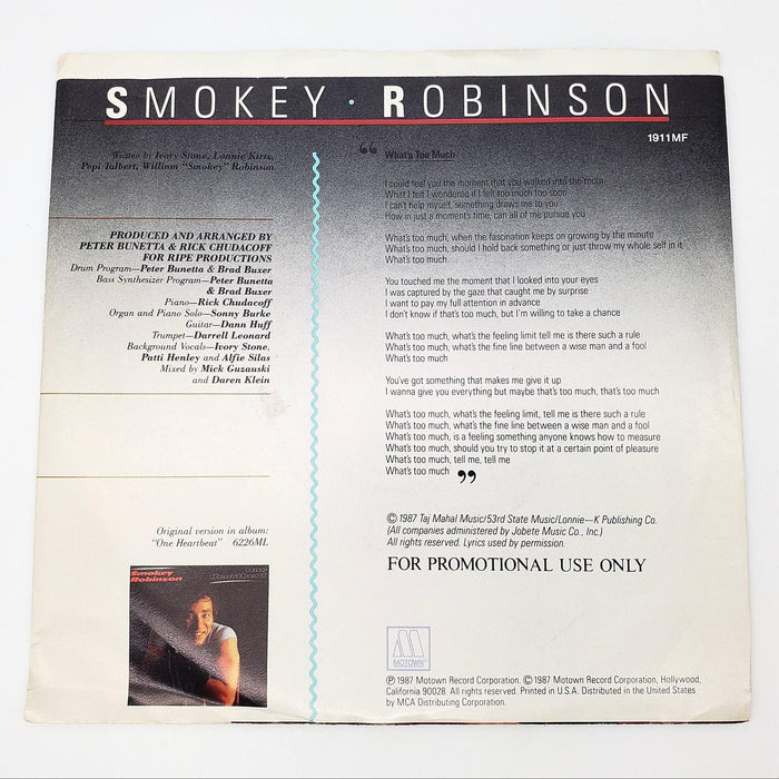 Smokey Robinson What's Too Much Single Record Motown 1987 1911MF PROMO 2