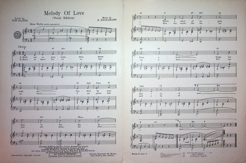 Melody of Love Sheet Music Piano Vocal H. Engelmann Tom Glazer 1954 Shapiro 3