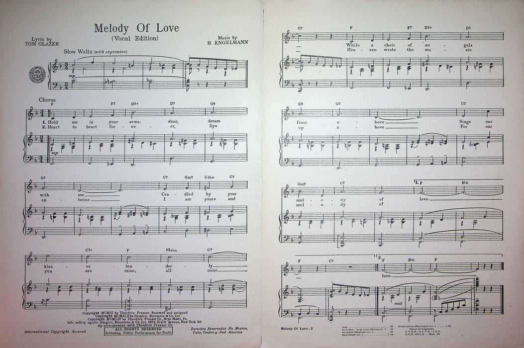 Melody of Love Sheet Music Piano Vocal H. Engelmann Tom Glazer 1954 Shapiro 3