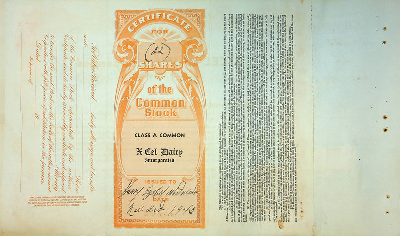X-Cel Dairy Company Stock Certificate Bond Scripophilly Akron Ohio 1943 No 23