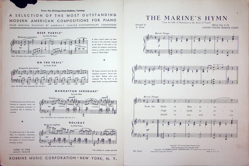 Sheet Music The Marine's Hymn United States Marine Corps Song 1942 WW2 Tripoli 2