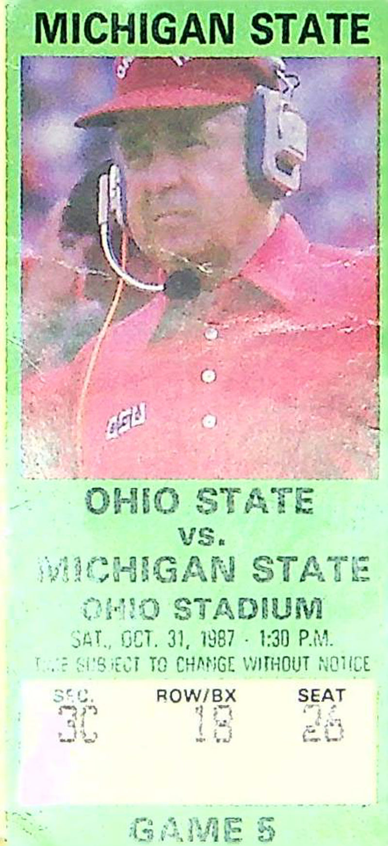 Ohio State Buckeye Football Game Ticket Stub Oct 1987 Vs. Michigan State Spartan