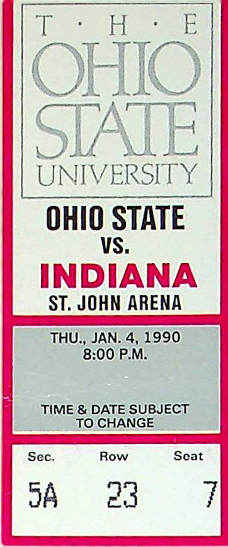 OSU Buckeye Mens Basketball Game Ticket Stub Jan 1990 Vs. Indiana Hoosiers