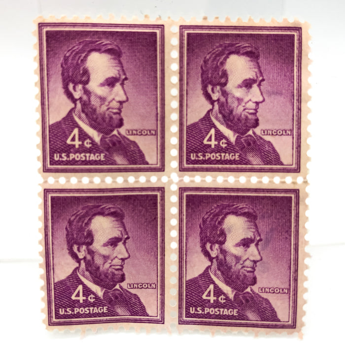 1954 Abraham Lincoln 4 Cent Stamp Block of 4 Purple Liberty Series Back Damage