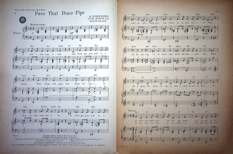 Vintage Sheet Music Pass That Peace Pipe 1947 Good News June Allyson P Lawford 3