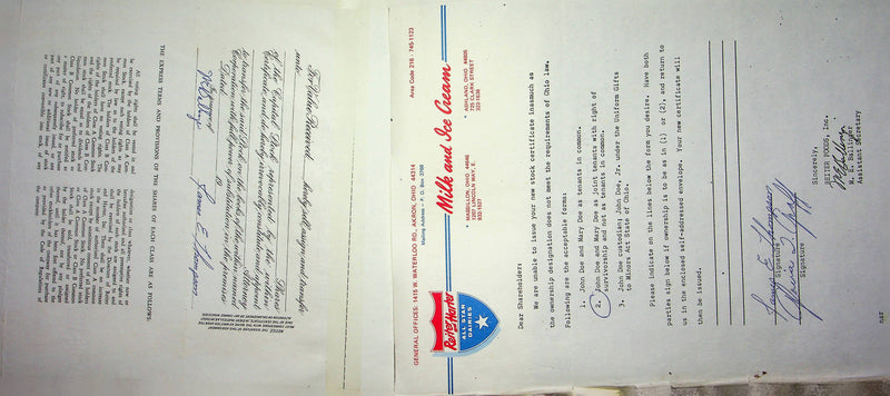 Reiter Dairy Company Stock Certificate Bond Scripophilly Akron Ohio 1969 No 356