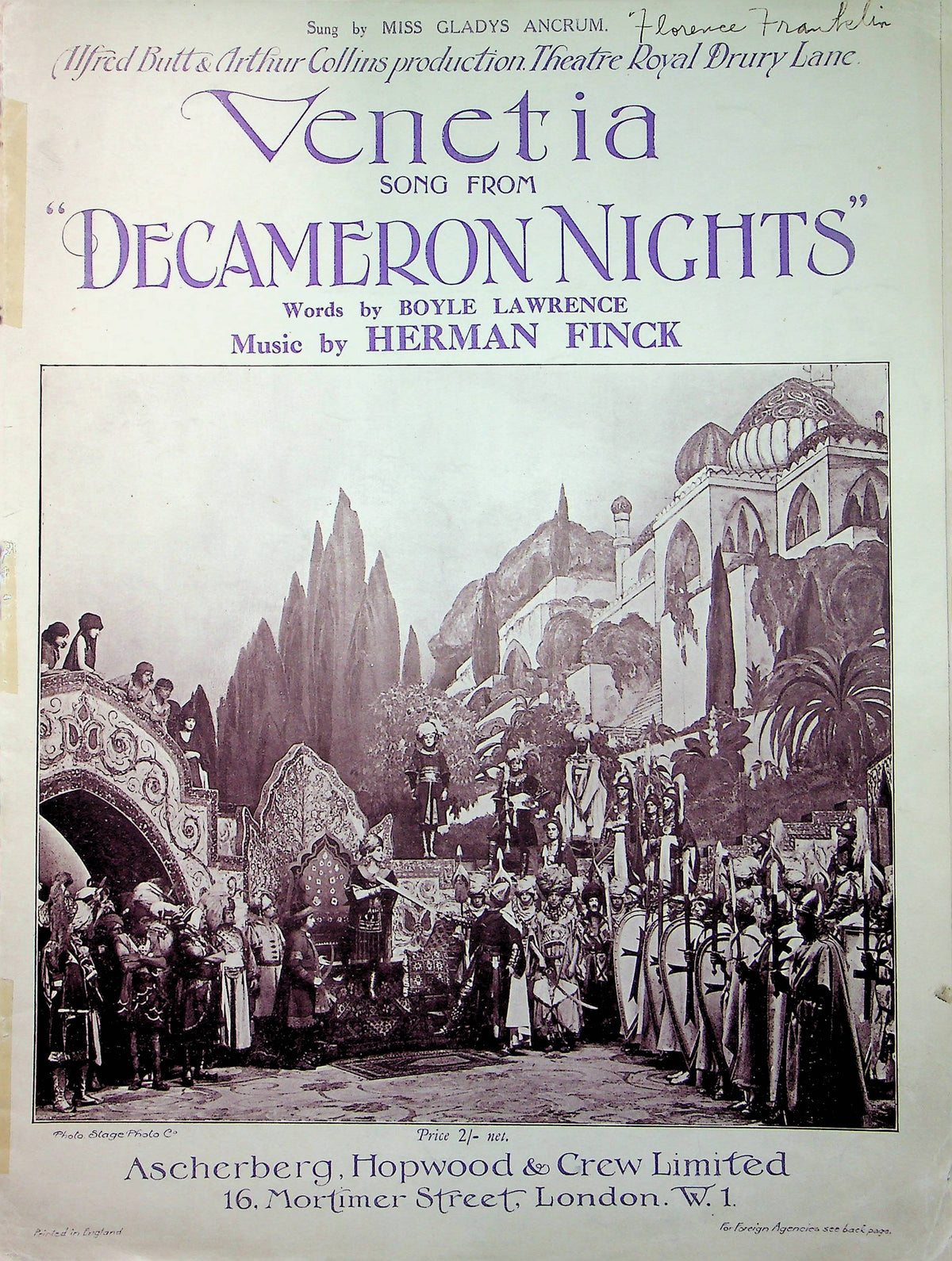 Decameron Nights Sheet Music Venetia Miss Gladys Ancrum Opera Singer 1 ...