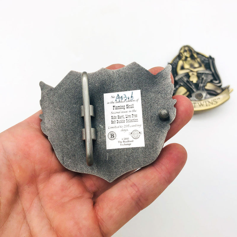 Pewter Belt Buckle Flaming Skull V-Twins Motorcycle Biker Lady Bradford Exchange