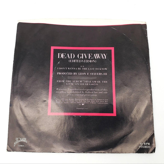 Shalamar Dead Giveaway Single Record Solar 1983 7-69819 2