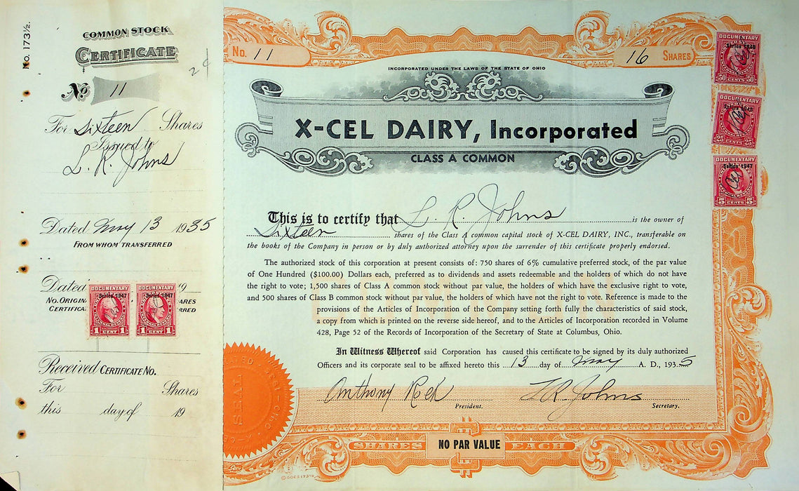 X-Cel Dairy Company Stock Certificate Bond Scripophilly Akron Ohio 1935 No 11