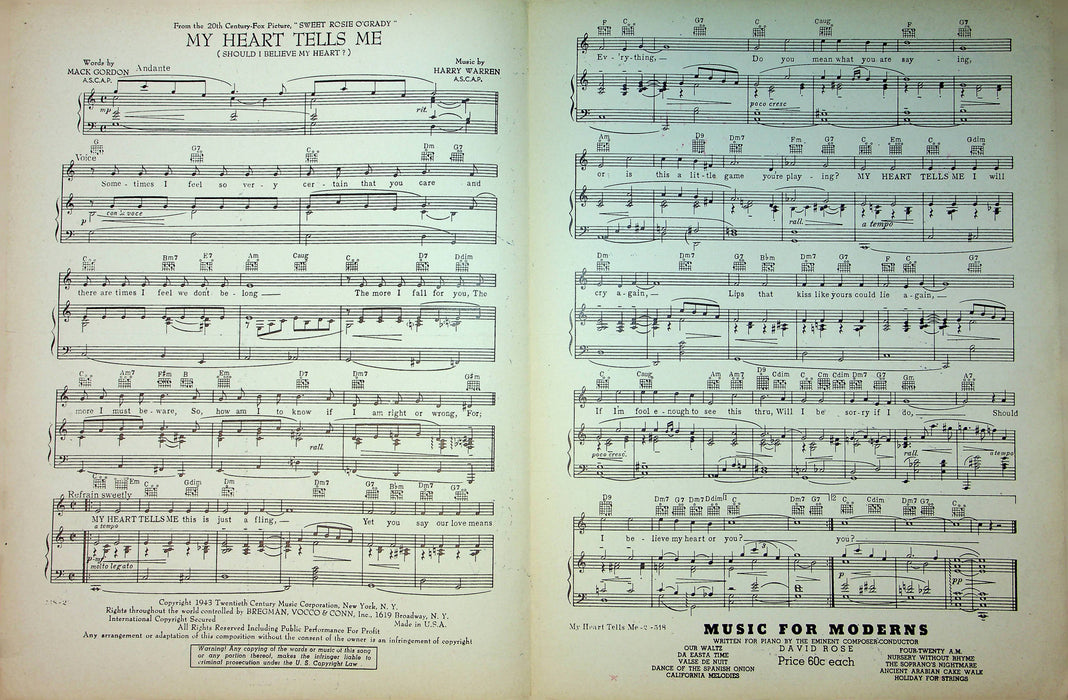 Sweet Rosie O'Grady Sheet Music My Heart Tells Me Betty Grable Gordon Warren 2