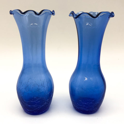 Pair of Vintage Crackle Glass Vases Blue Cobalt Ruffled Rim Flared Top 5" 1