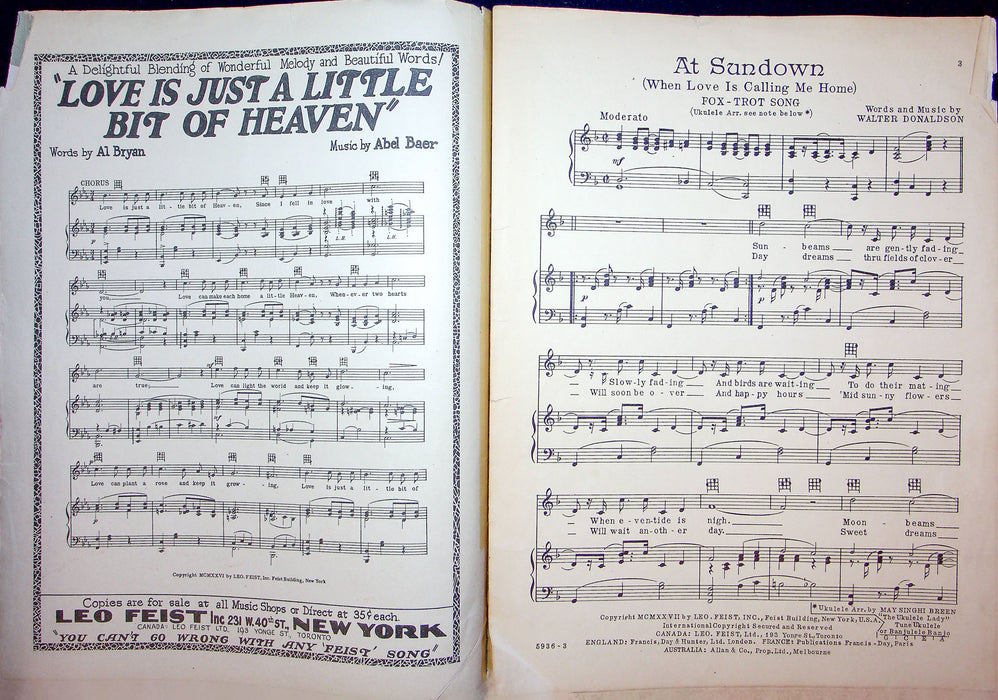 Sheet Music At Sundown Love Is Calling Me Home Walter Donaldson Fox Trot Song 2