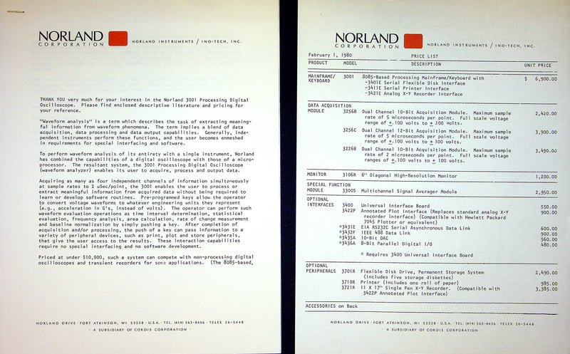 Norland 3001 Processing Digital Oscilliscope Brochure w/ Price List