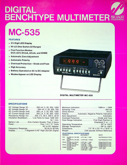 SOAR Multimeter Brochures ME-221, ME-524, MC-535 & More Lot of 3