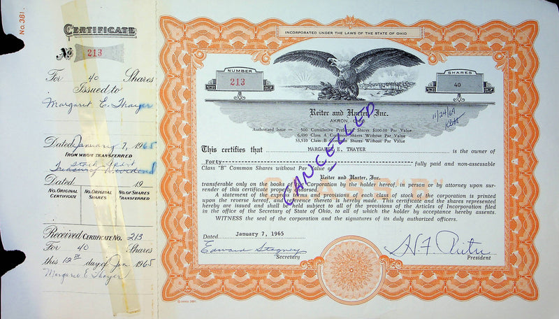 Reiter Dairy Company Stock Certificate Bond Scripophilly Akron Ohio 1965 No 213