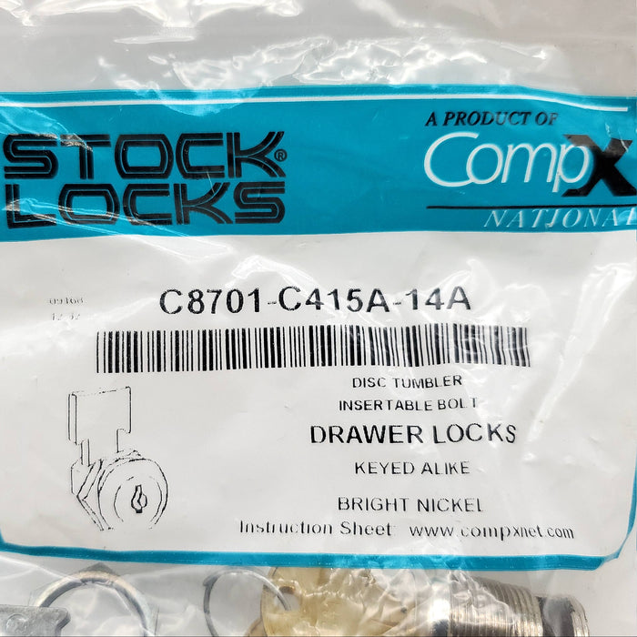 CompX Drawer Lock C8701 Insertable Bolt Bright Nickel Keyed Alike C415A NOS