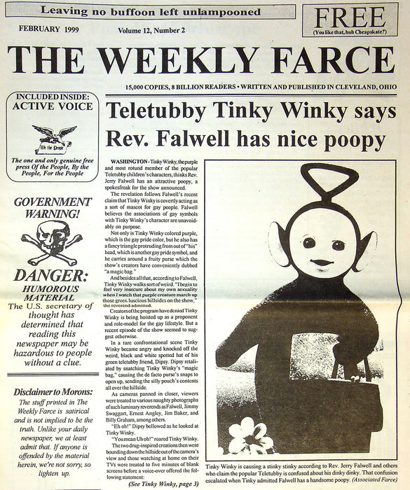 The Weekly Farce 1999 Vol 12 No. 2 Satirical Cleveland Newspaper Tellatubbies