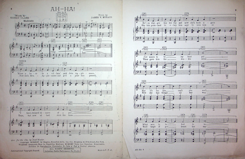 Sheet Music Ah Ha Ted Lewis Sidney Clare James Monaco 1925 Piano Song Vocal 2