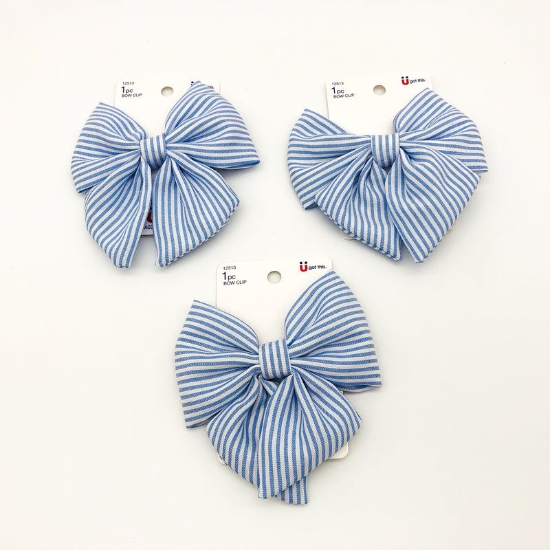 3-Piece Scunci Bow Hair Clip Blue Striped Lightweight Large Summer Wear 12513