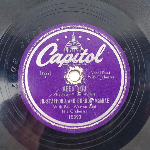 Jo Stafford & Gordon MacRAE Need You 78 RPM Single Record Capitol Records 1949 1
