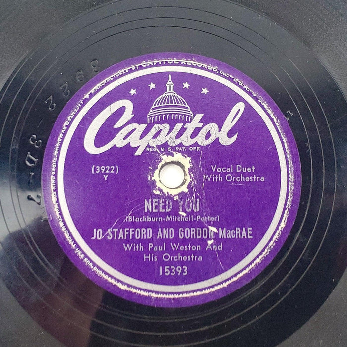 Jo Stafford & Gordon MacRAE Need You 78 RPM Single Record Capitol Records 1949 1