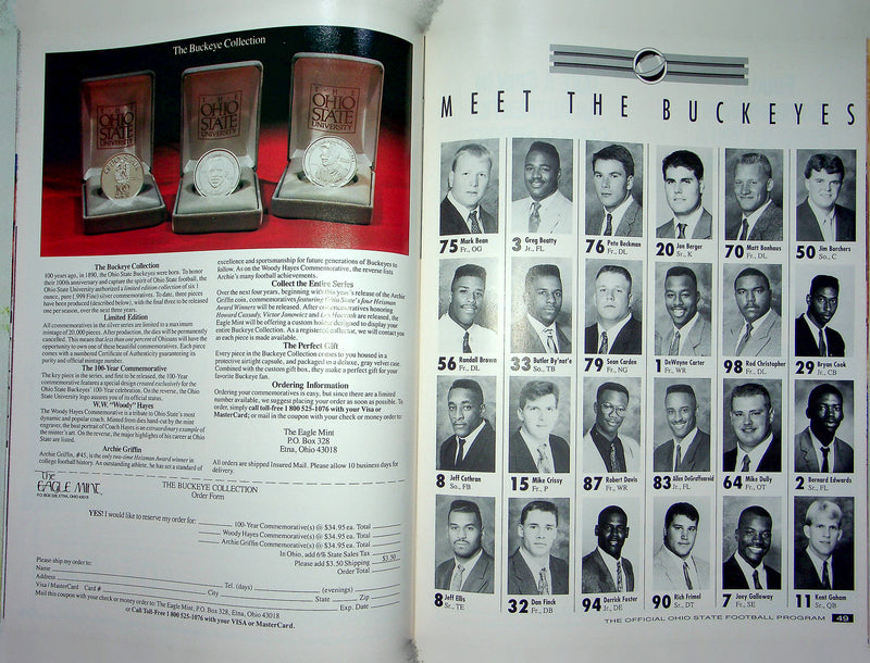 Ohio State Buckeye Football Program Nov 16 1991 Vs. Indiana Hoosiers Error Copy