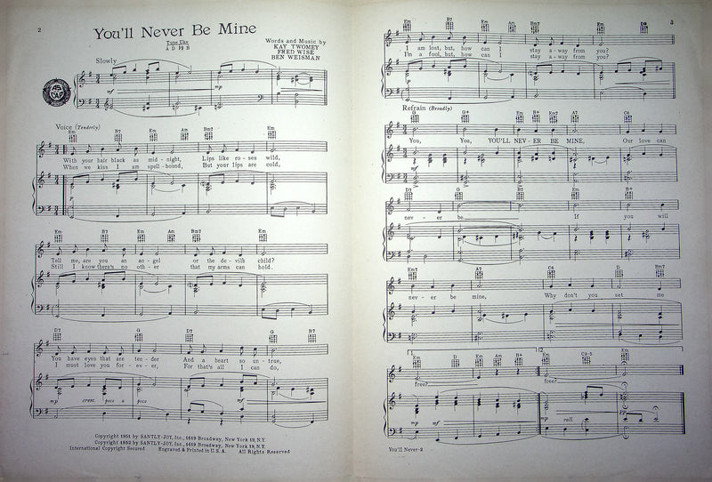 Vintage Sheet Music You'll Never Be Mine Guy Mitchell 1952 Twomey Wise Weisman 3