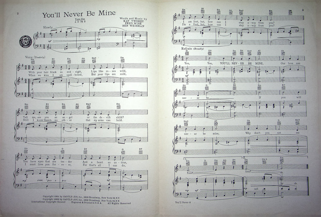 Vintage Sheet Music You'll Never Be Mine Guy Mitchell 1952 Twomey Wise Weisman 3