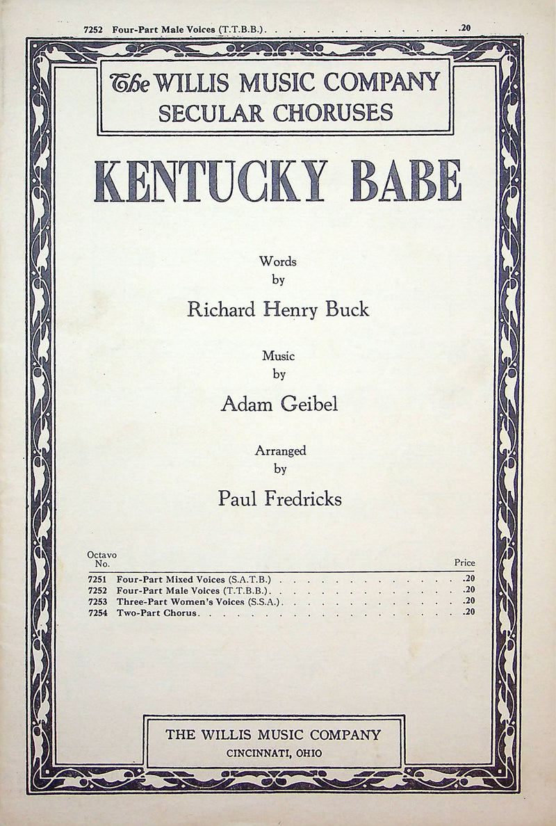 Sheet Music Kentucky Babe Richard Henry Buck Adam Geibel Paul Fredericks 1954 1