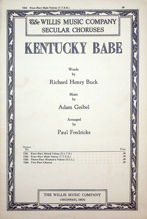 Sheet Music Kentucky Babe Richard Henry Buck Adam Geibel Paul Fredericks 1954 1